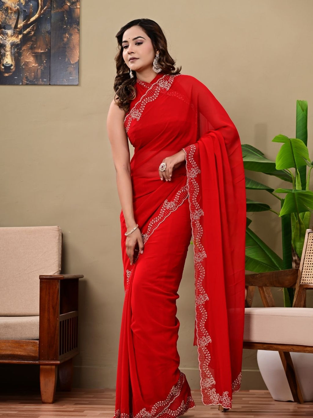 Elegant Red Georgette Saree with Premium Siroski Jaal Work | Festive & Wedding Wear Saree
