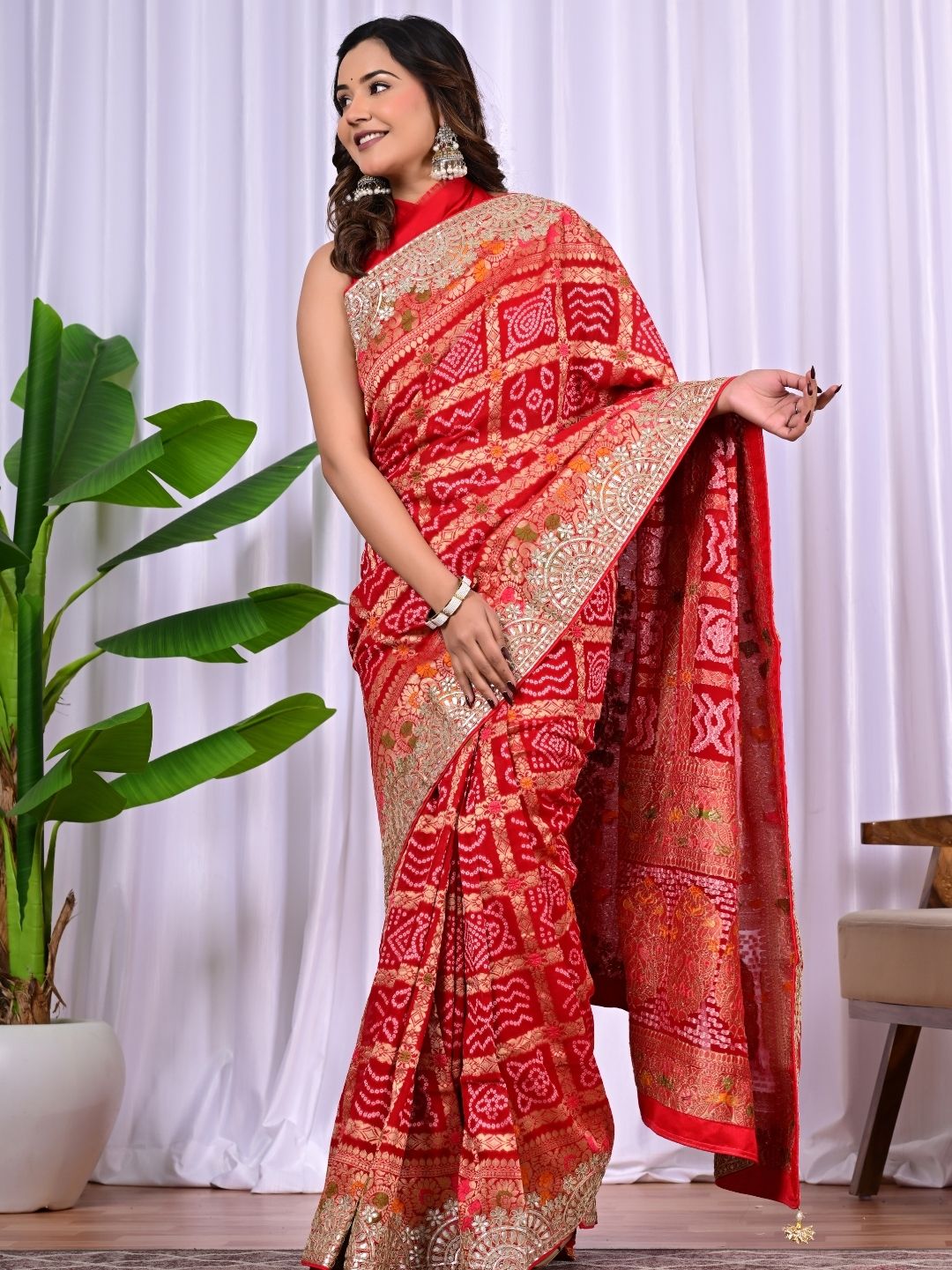 Red & Rani Riddhi Khadi Georgette Bridal Saree with Hand Zari & Meenakari Work