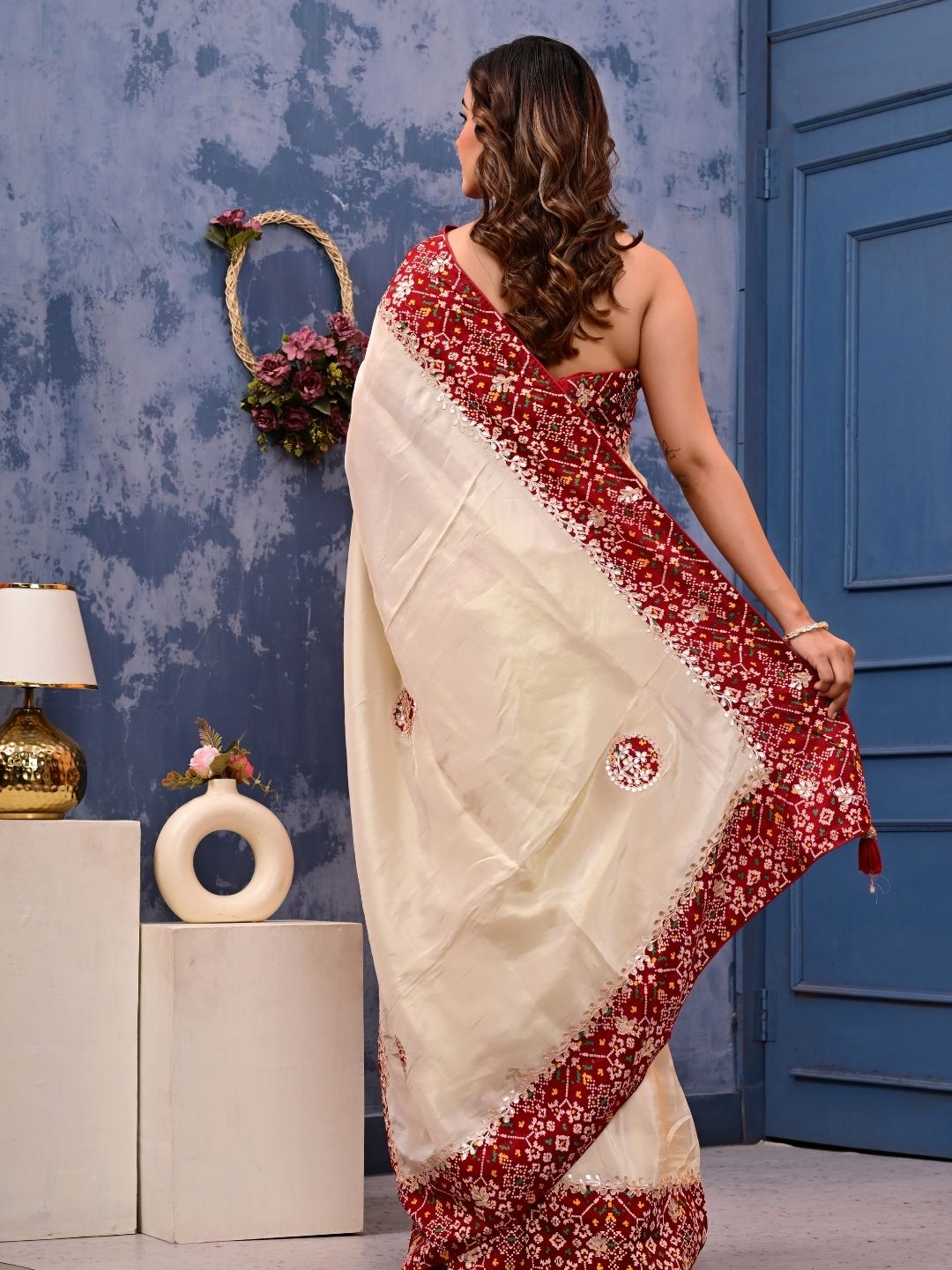 Patola Silk Saree with Cosmo Tissue Border, Bandhani Patching & Gota Patti Work | Designer Festive & Wedding Wear