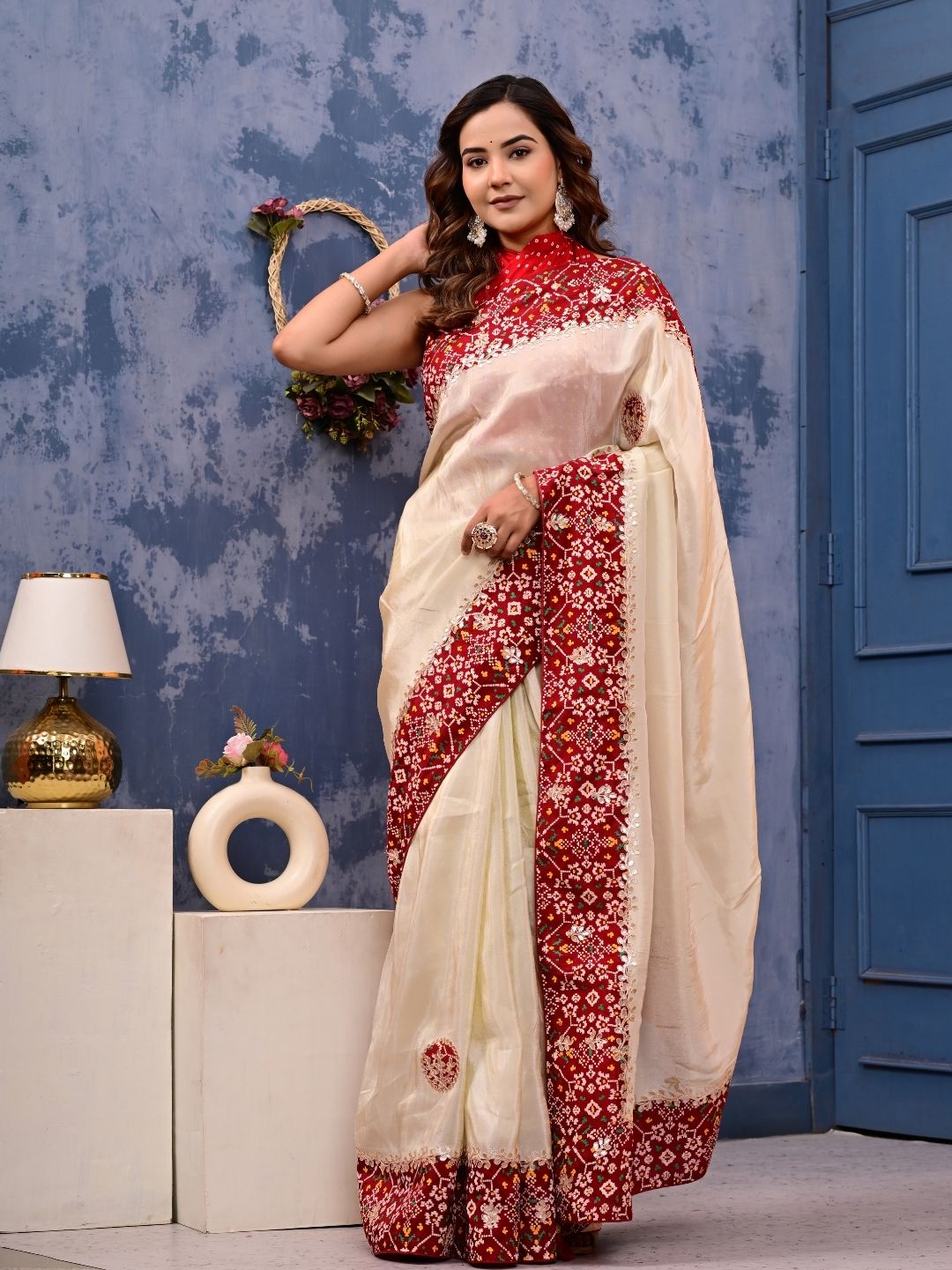 Patola Silk Saree with Cosmo Tissue Border, Bandhani Patching & Gota Patti Work | Designer Festive & Wedding Wear