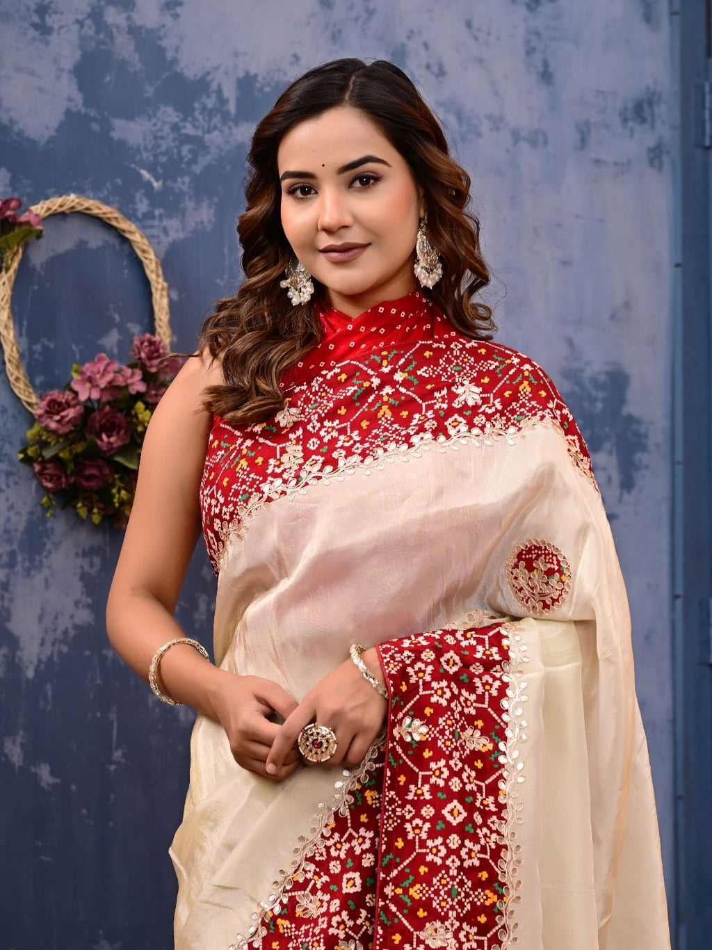 Patola Silk Saree with Cosmo Tissue Border, Bandhani Patching & Gota Patti Work | Designer Festive & Wedding Wear