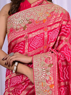 Red & Rani Riddhi Khadi Georgette Bridal Saree with Hand Zari & Meenakari Work