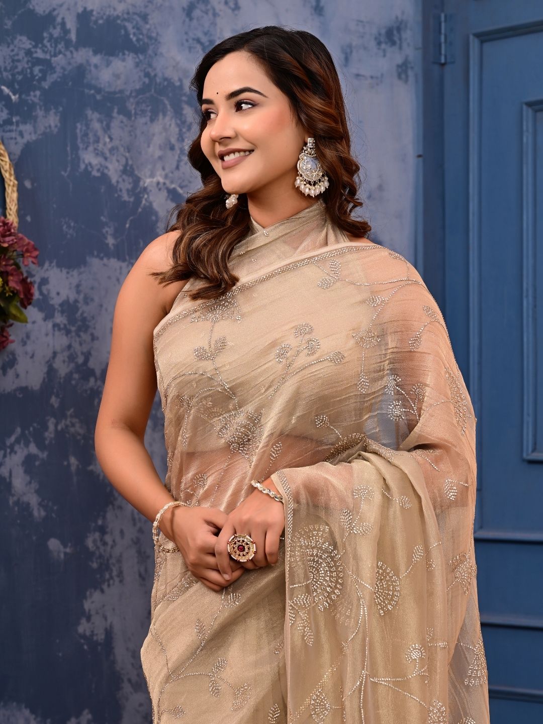 Gold Cocktail Saree with All-Over Siroski Work | Designer Reception, Engagement & Party Wear Saree