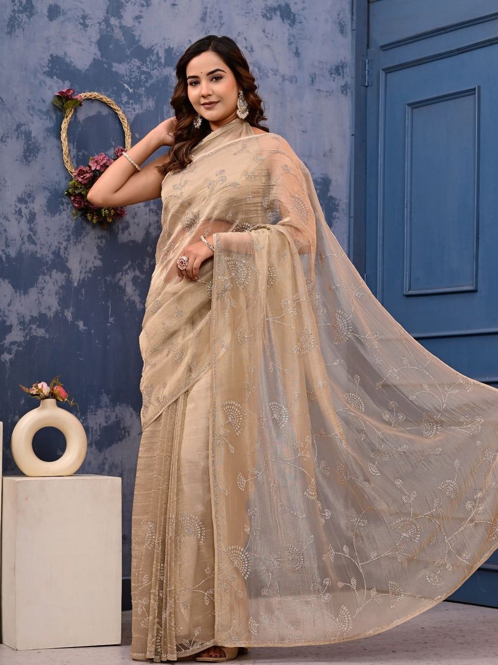 Gold Cocktail Saree with All-Over Siroski Work | Designer Reception, Engagement & Party Wear Saree