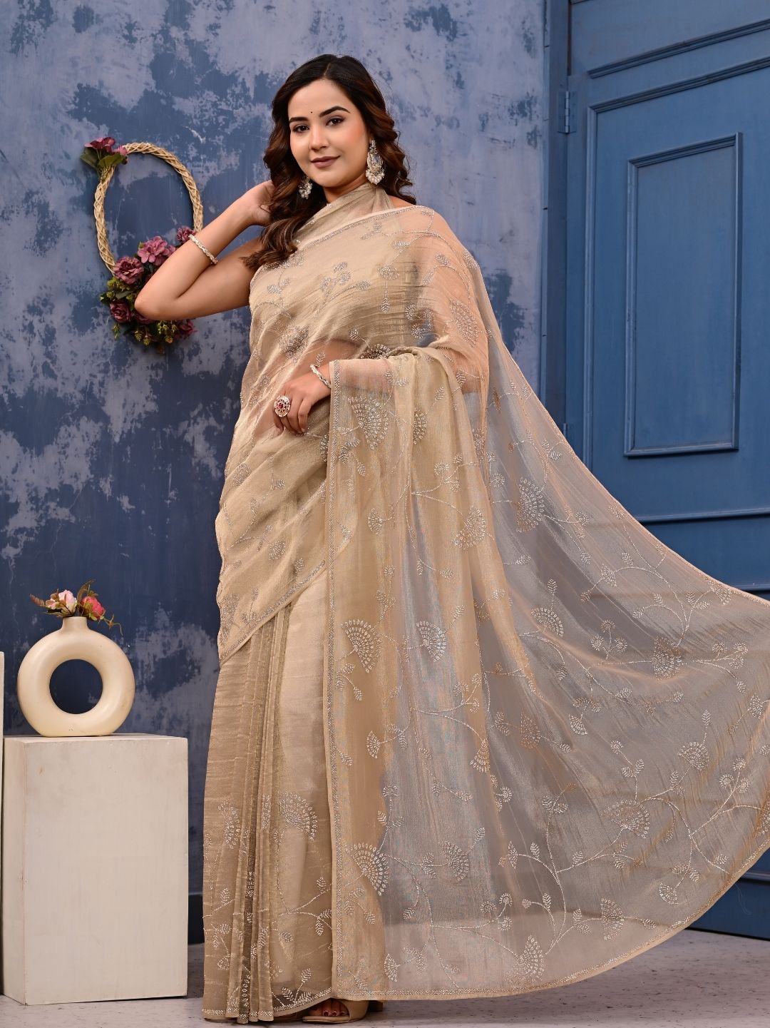 Gold Cocktail Saree with All-Over Siroski Work | Designer Reception, Engagement & Party Wear Saree