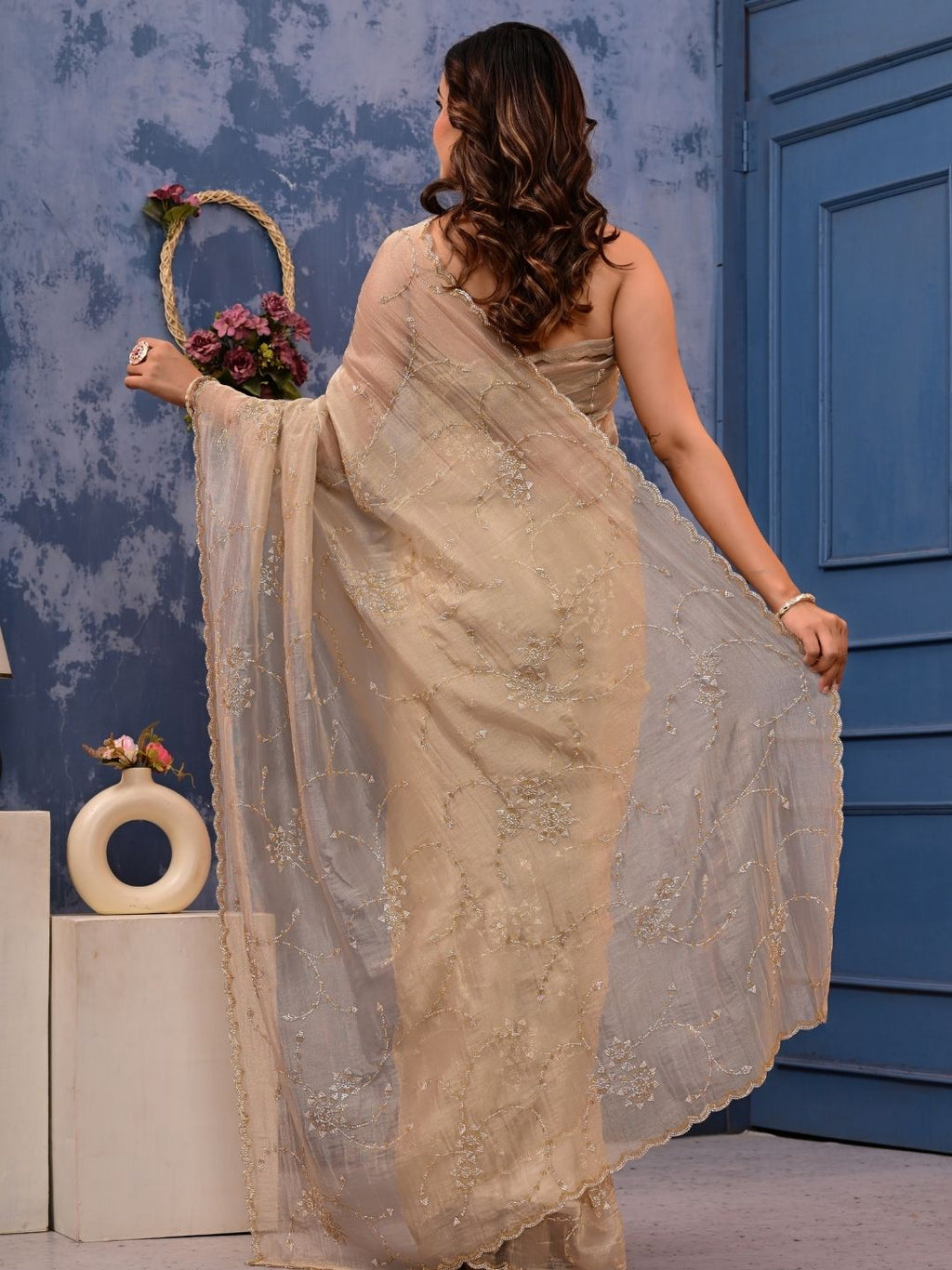 Gold Cocktail Saree with All-Over Siroski Work | Designer Reception, Engagement & Party Wear Saree