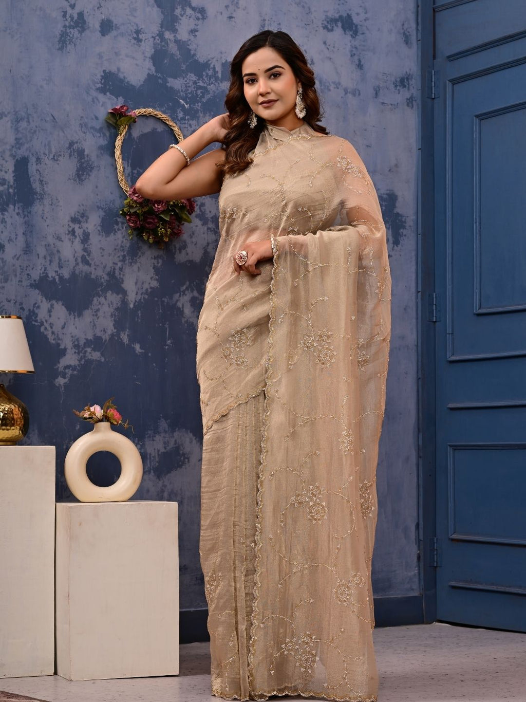 Gold Cocktail Saree with All-Over Siroski Work | Designer Reception, Engagement & Party Wear Saree