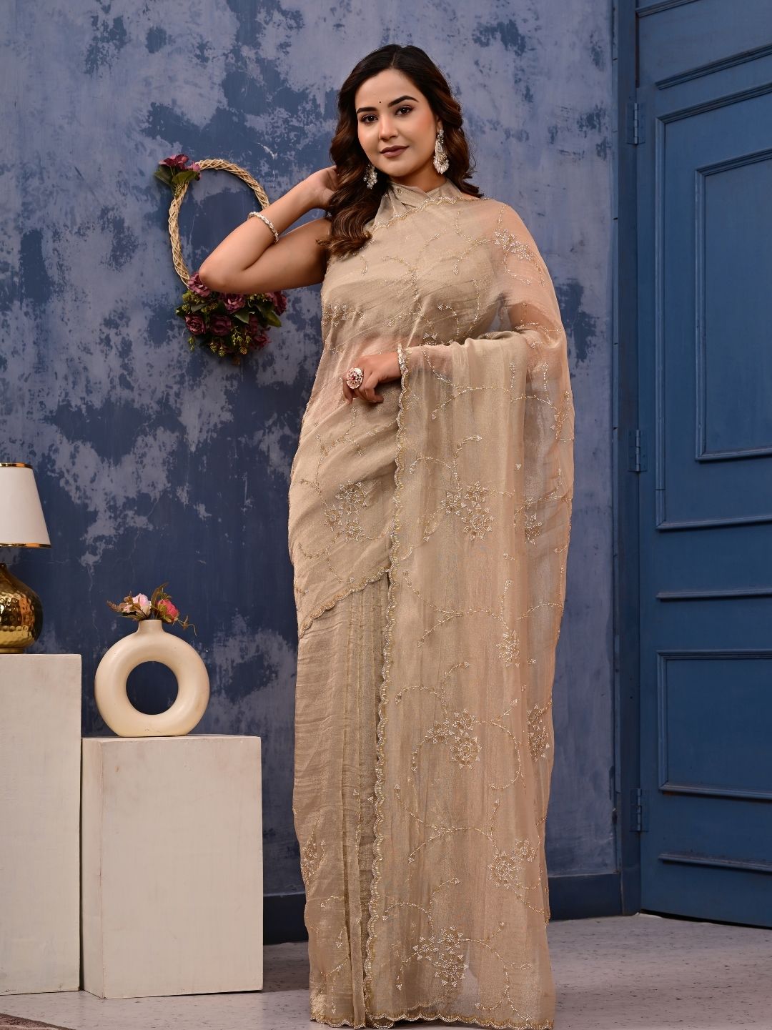 Gold Cocktail Saree with All-Over Siroski Work | Designer Reception, Engagement & Party Wear Saree