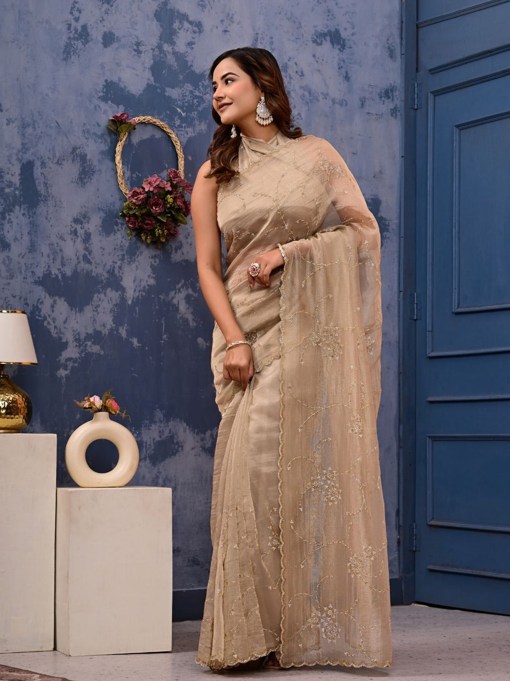 Gold Cocktail Saree with All-Over Siroski Work | Designer Reception, Engagement & Party Wear Saree