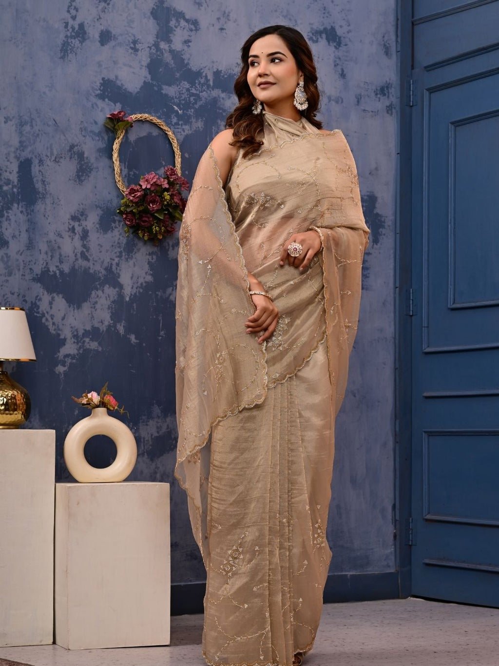 Gold Cocktail Saree with All-Over Siroski Work | Designer Reception, Engagement & Party Wear Saree