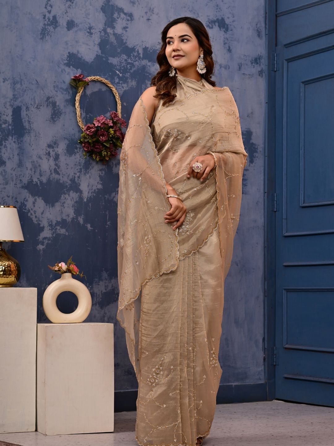 Gold Cocktail Saree with All-Over Siroski Work | Designer Reception, Engagement & Party Wear Saree