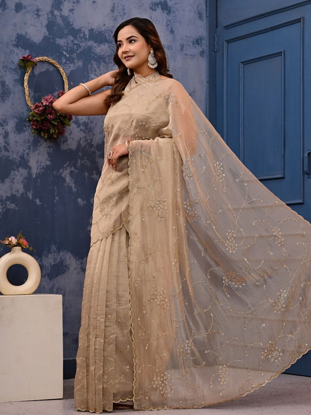 Gold Cocktail Saree with All-Over Siroski Work | Designer Reception, Engagement & Party Wear Saree