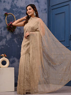 Gold Cocktail Saree with All-Over Siroski Work | Designer Reception, Engagement & Party Wear Saree