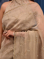 Gold Cocktail Saree with All-Over Siroski Work | Designer Reception, Engagement & Party Wear Saree
