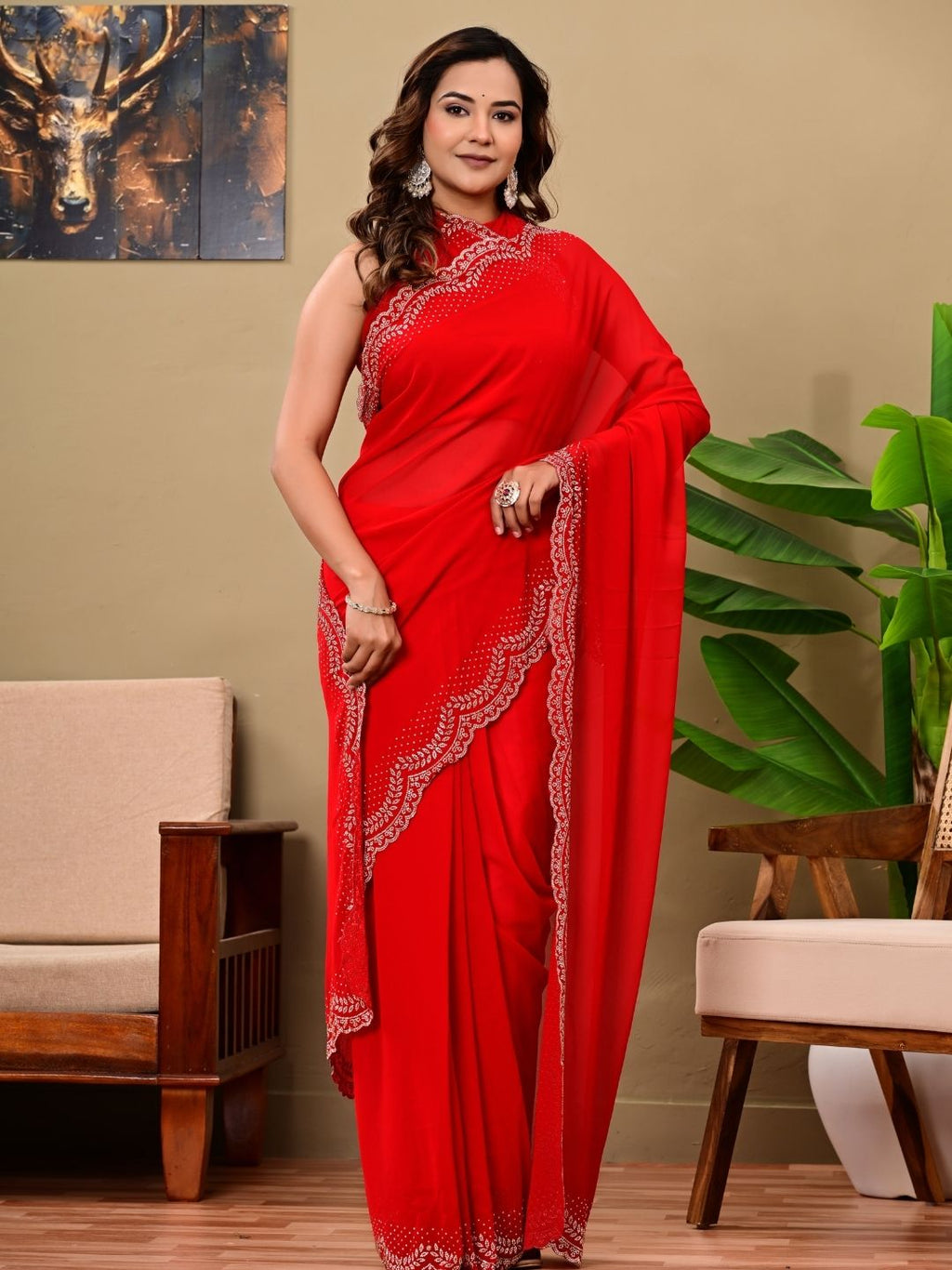 Elegant Red Georgette Saree with All-Over Siroski Jaal Work | Wedding & Festive Wear