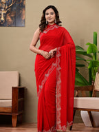 Elegant Red Georgette Saree with Premium Siroski Jaal Work | Festive & Wedding Wear Saree
