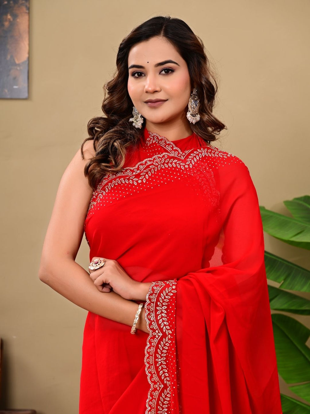 Elegant Red Georgette Saree with All-Over Siroski Jaal Work | Wedding & Festive Wear