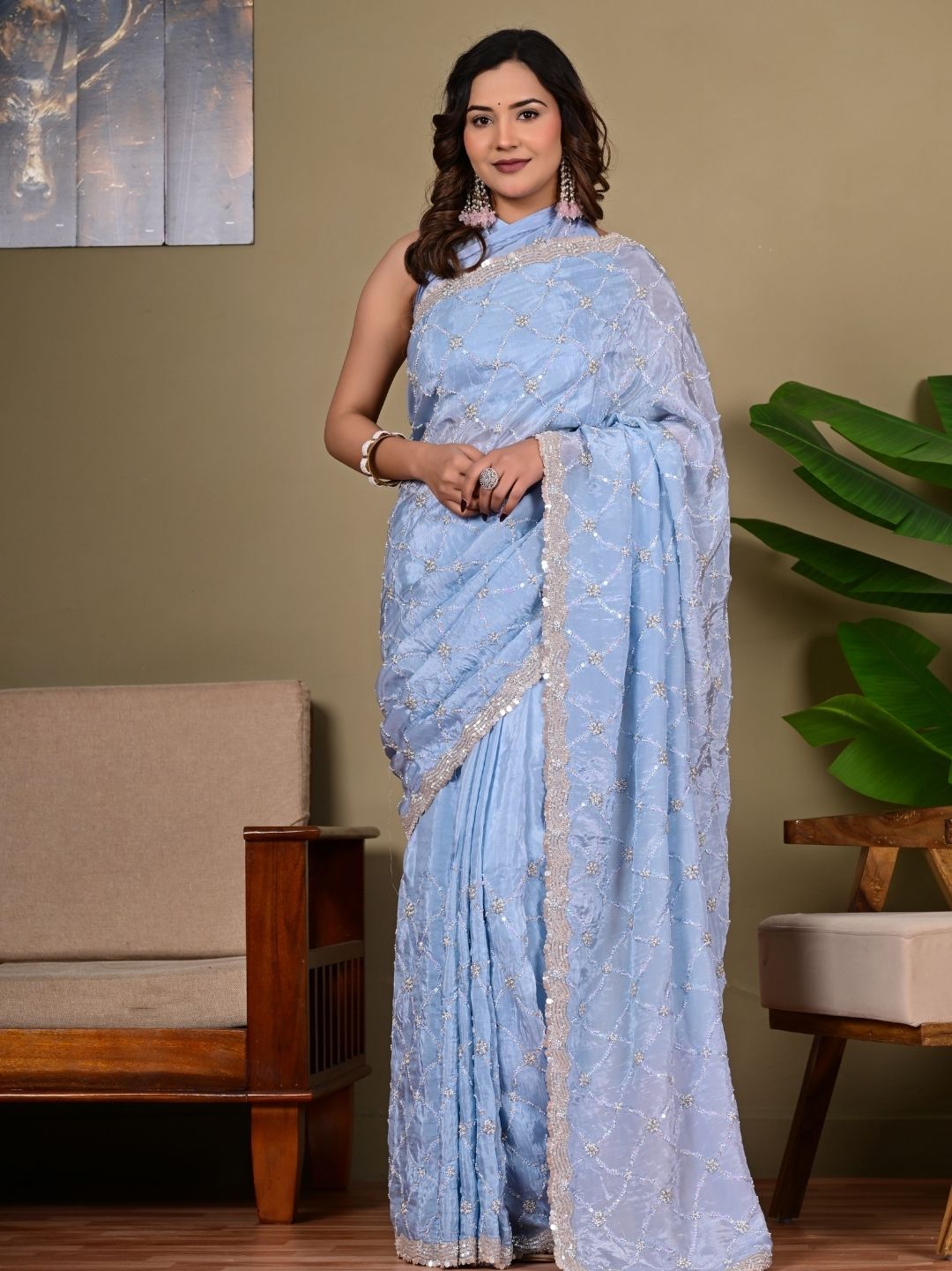 Premium Upada Fancy Saree with Parle, Sequins & Cut Work