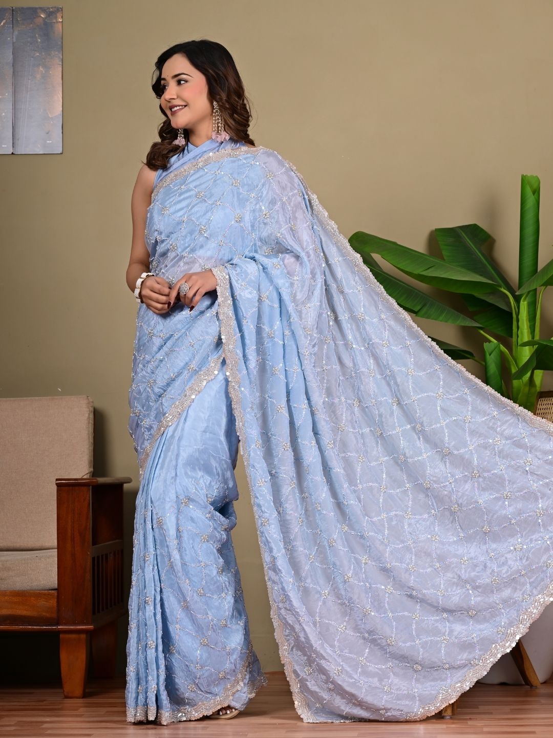 Premium Upada Fancy Saree with Parle, Sequins & Cut Work