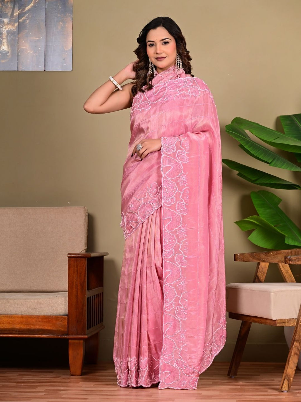Elegant Cosmos Fancy Saree with Parle Work