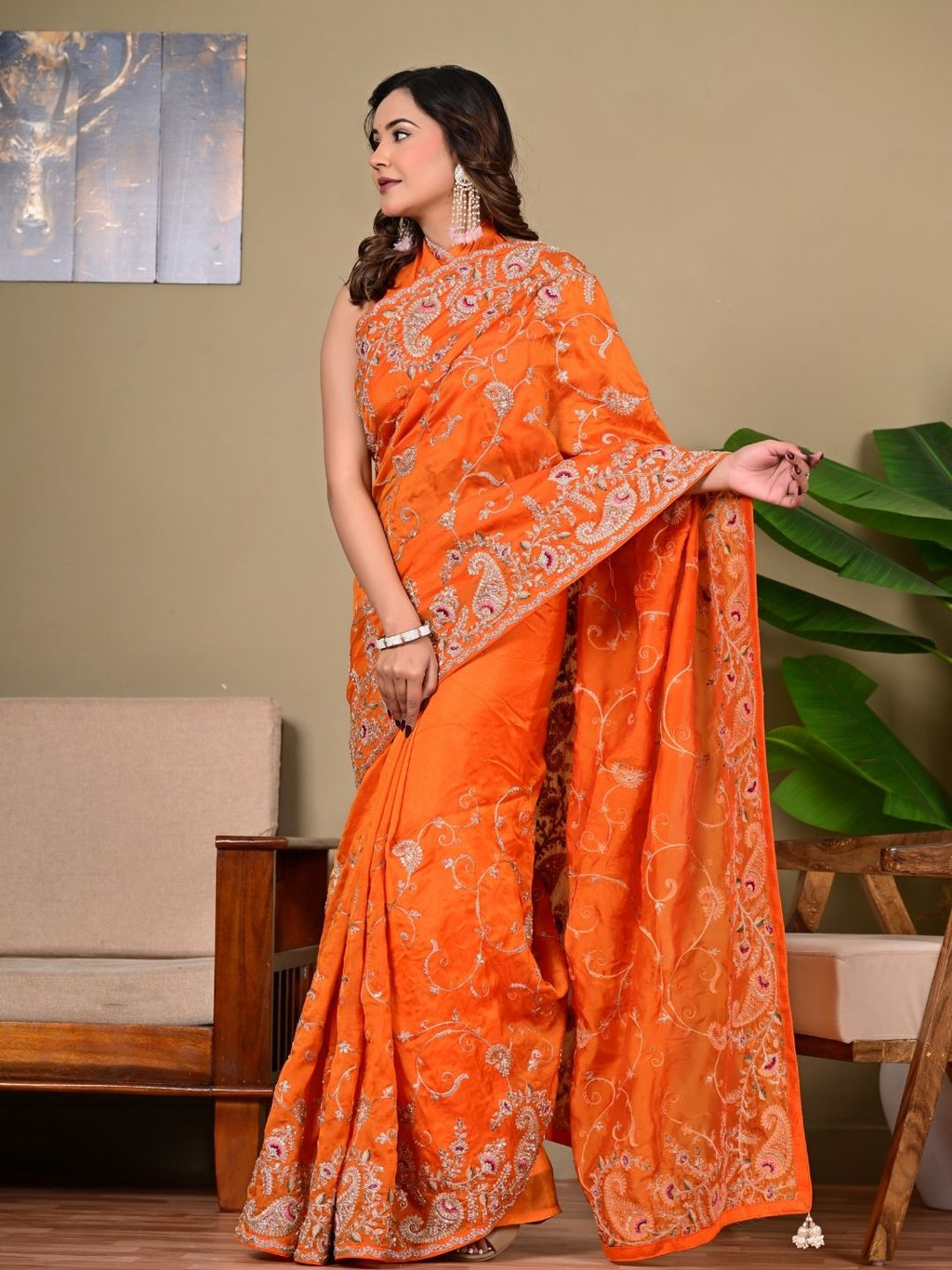 Elegant H.O. Fabric Saree with Pittan & Zari Handwork