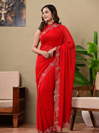 Elegant Red Georgette Saree with Premium Siroski Jaal Work | Festive & Wedding Wear Saree