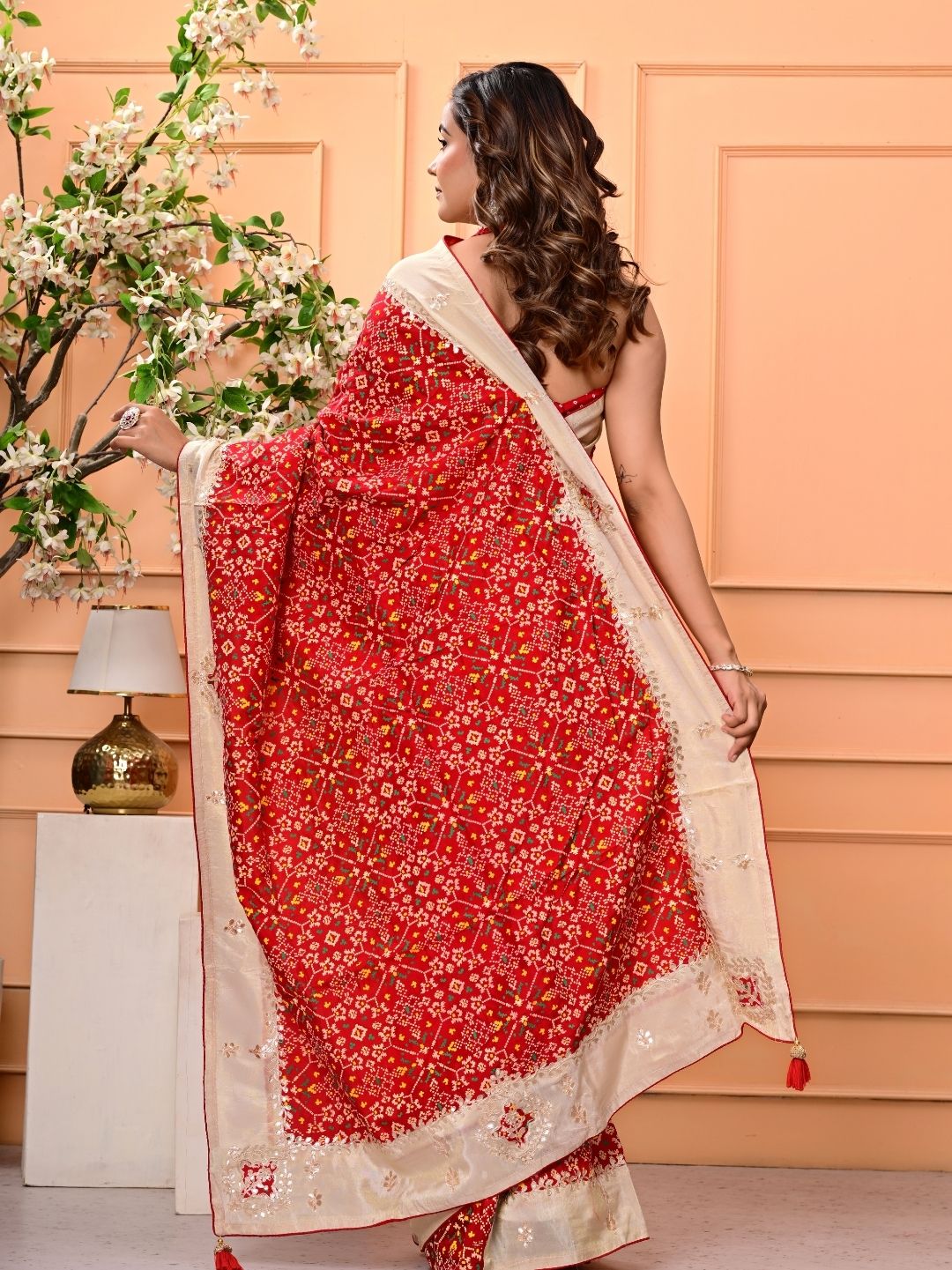 Patola Silk Saree with Cosmo Tissue Border, Bandhani Patching & Gota Patti Work | Designer Festive & Wedding Wear