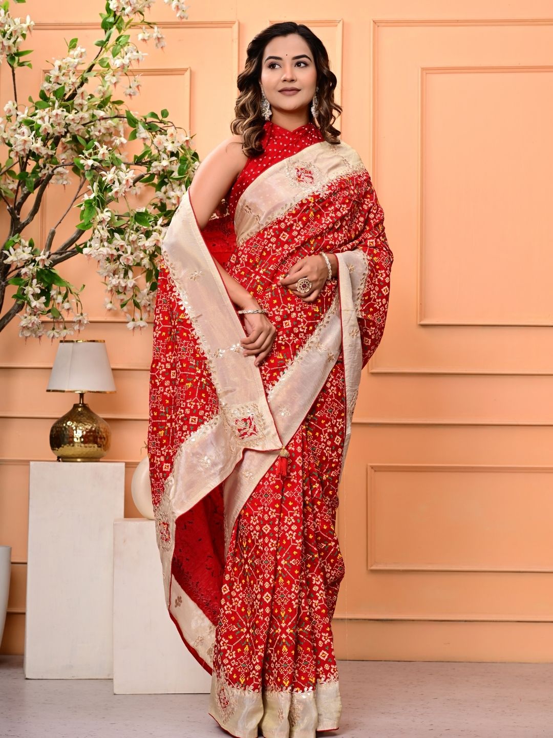 Patola Silk Saree with Cosmo Tissue Border, Bandhani Patching & Gota Patti Work | Designer Festive & Wedding Wear