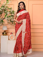 Patola Silk Saree with Cosmo Tissue Border, Bandhani Patching & Gota Patti Work | Designer Festive & Wedding Wear