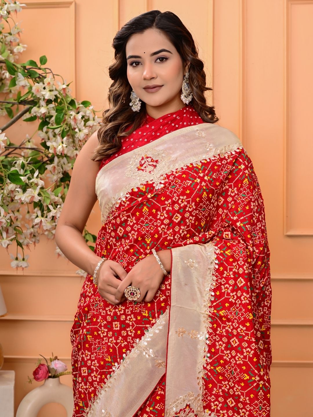 Patola Silk Saree with Cosmo Tissue Border, Bandhani Patching & Gota Patti Work | Designer Festive & Wedding Wear