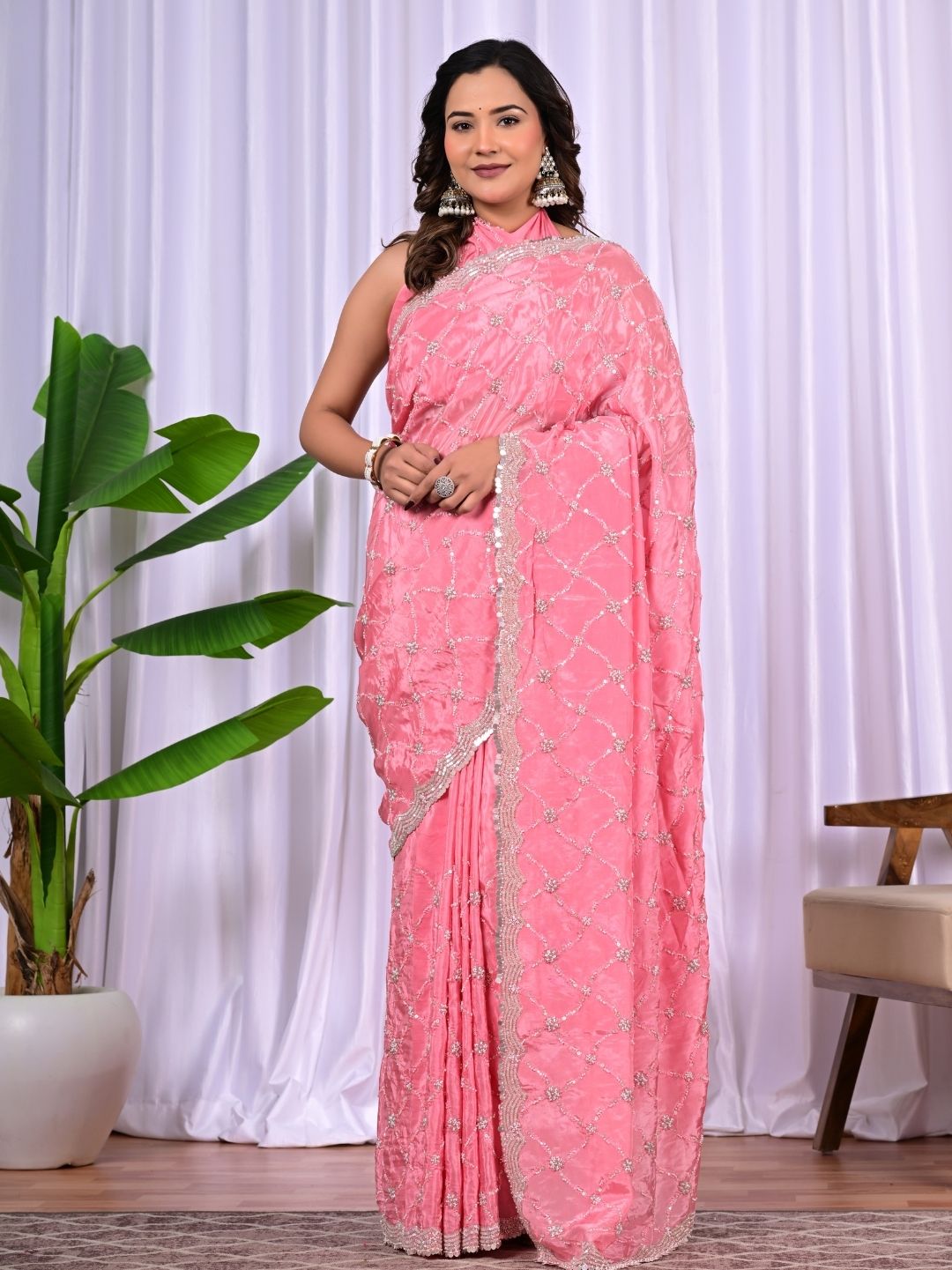 Premium Upada Fancy Saree with Parle, Sequins & Cut Work