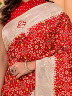 Patola Silk Saree with Cosmo Tissue Border, Bandhani Patching & Gota Patti Work | Designer Festive & Wedding Wear