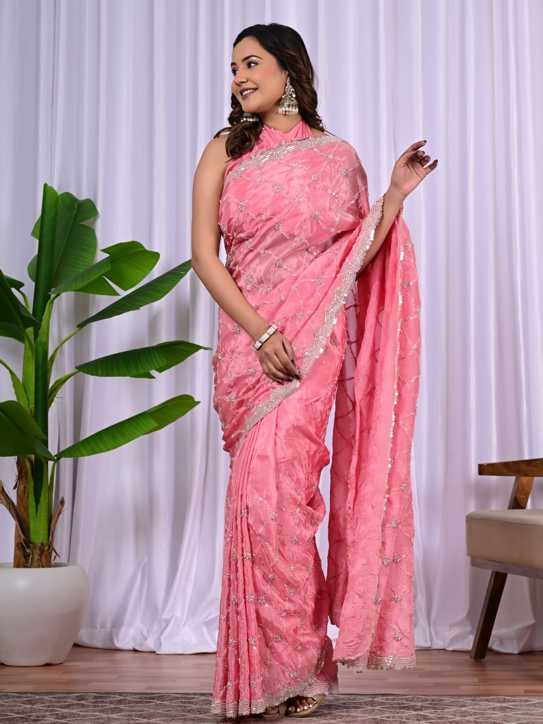 Premium Upada Fancy Saree with Parle, Sequins & Cut Work