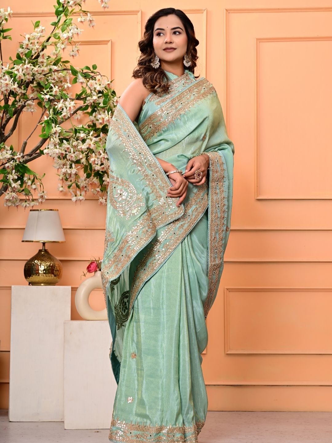 Cosmo Tissue Saree with Gottapatti, Zardozi & Pearl Handwork | Luxurious Wedding & Festive Wear