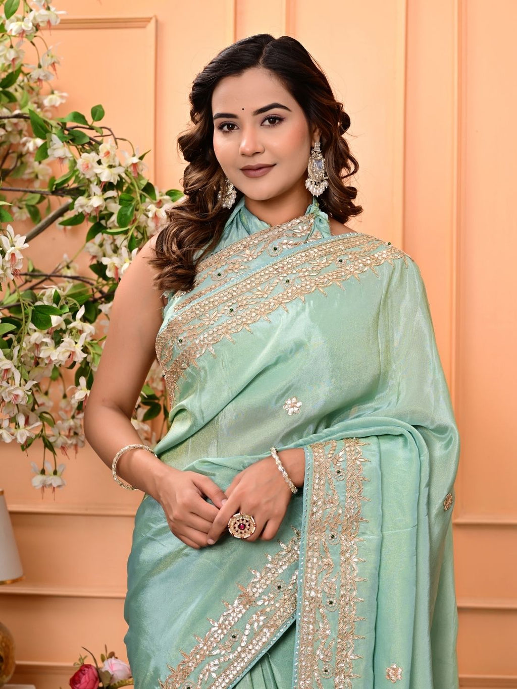 Cosmo Tissue Saree with Gottapatti, Zardozi & Pearl Handwork | Luxurious Wedding & Festive Wear