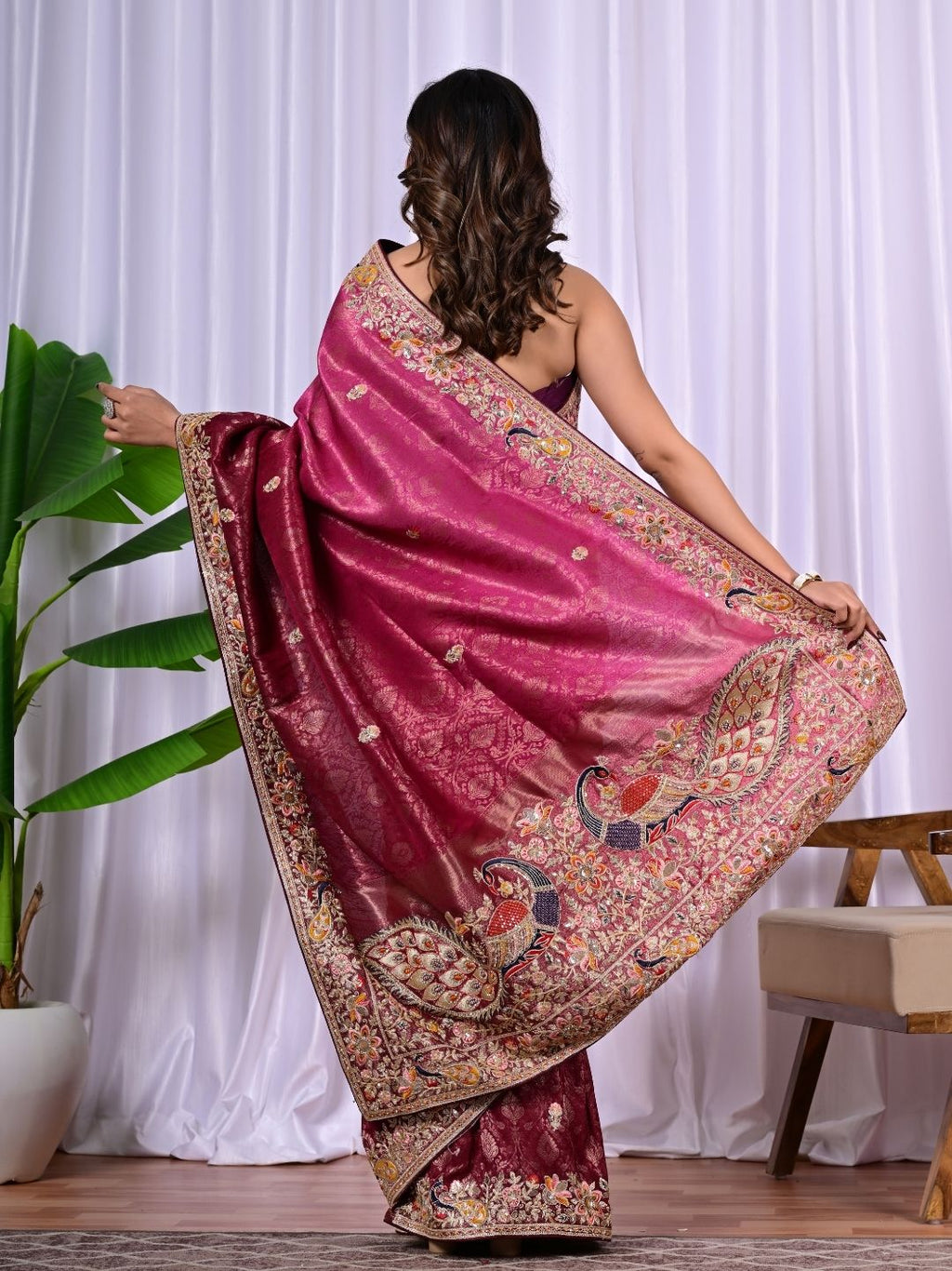 Bridal Banarasi Silk Saree with Peacock Border, Sequins & Zari Work