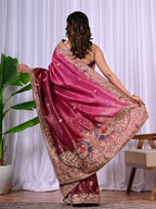 Bridal Banarasi Silk Saree with Peacock Border, Sequins & Zari Work
