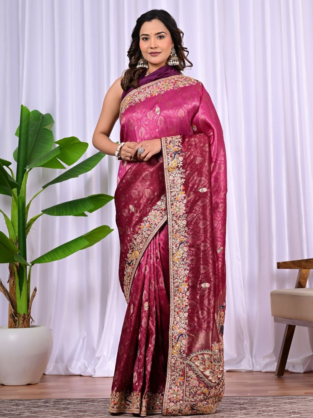 Bridal Banarasi Silk Saree with Peacock Border, Sequins & Zari Work