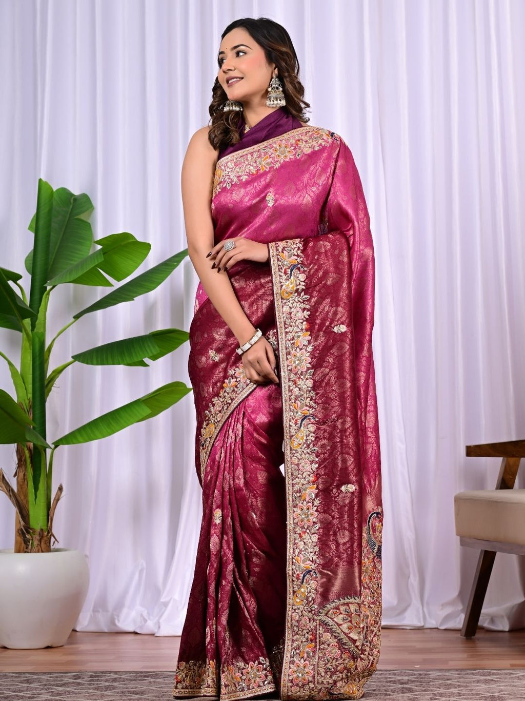 Bridal Banarasi Silk Saree with Peacock Border, Sequins & Zari Work
