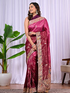 Bridal Banarasi Silk Saree with Peacock Border, Sequins & Zari Work