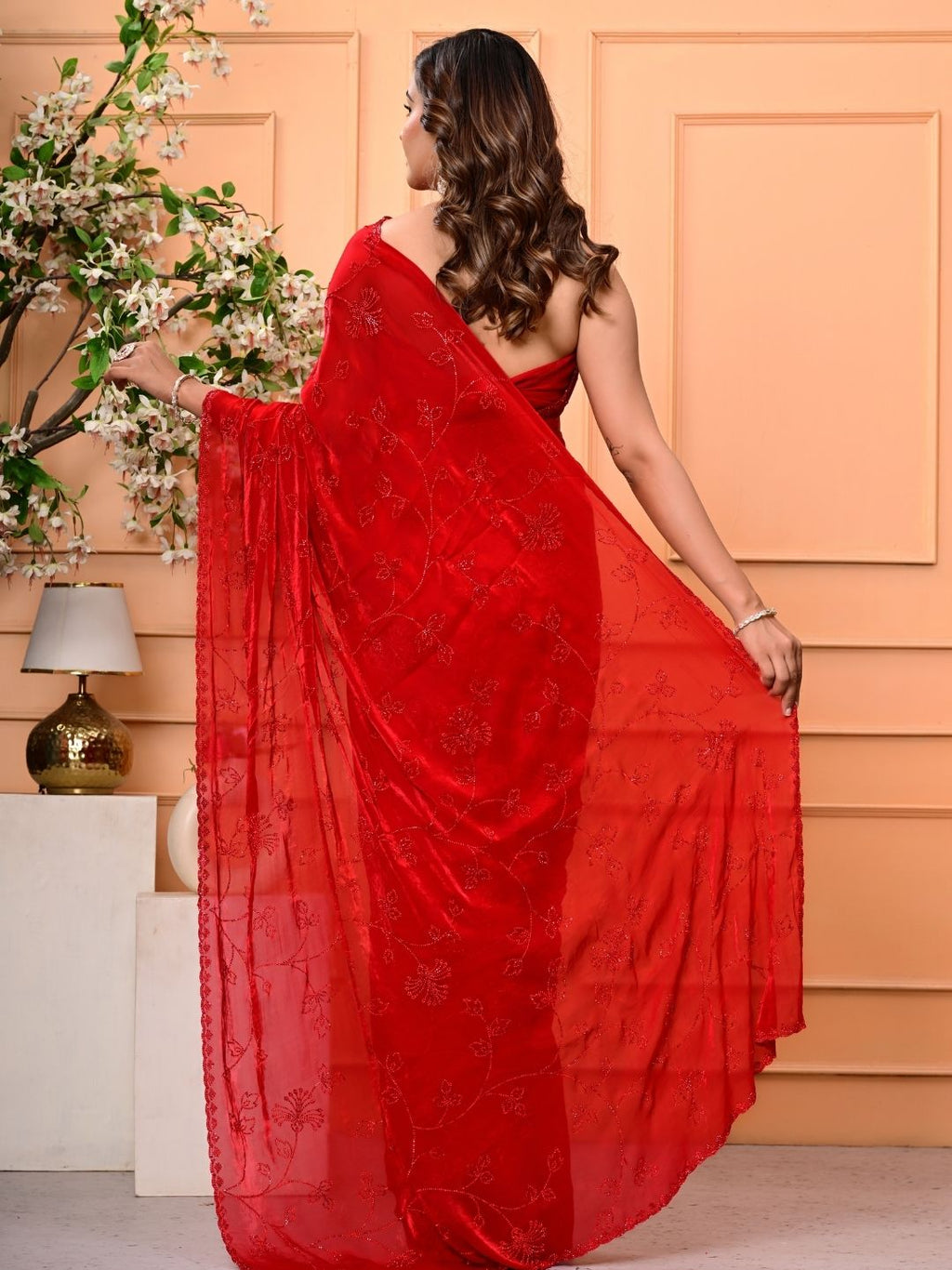 Elegant Red Georgette Saree with All-Over Siroski Jaal Work | Premium Wedding & Festive Wear