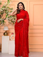 Elegant Red Georgette Saree with All-Over Siroski Jaal Work | Premium Wedding & Festive Wear