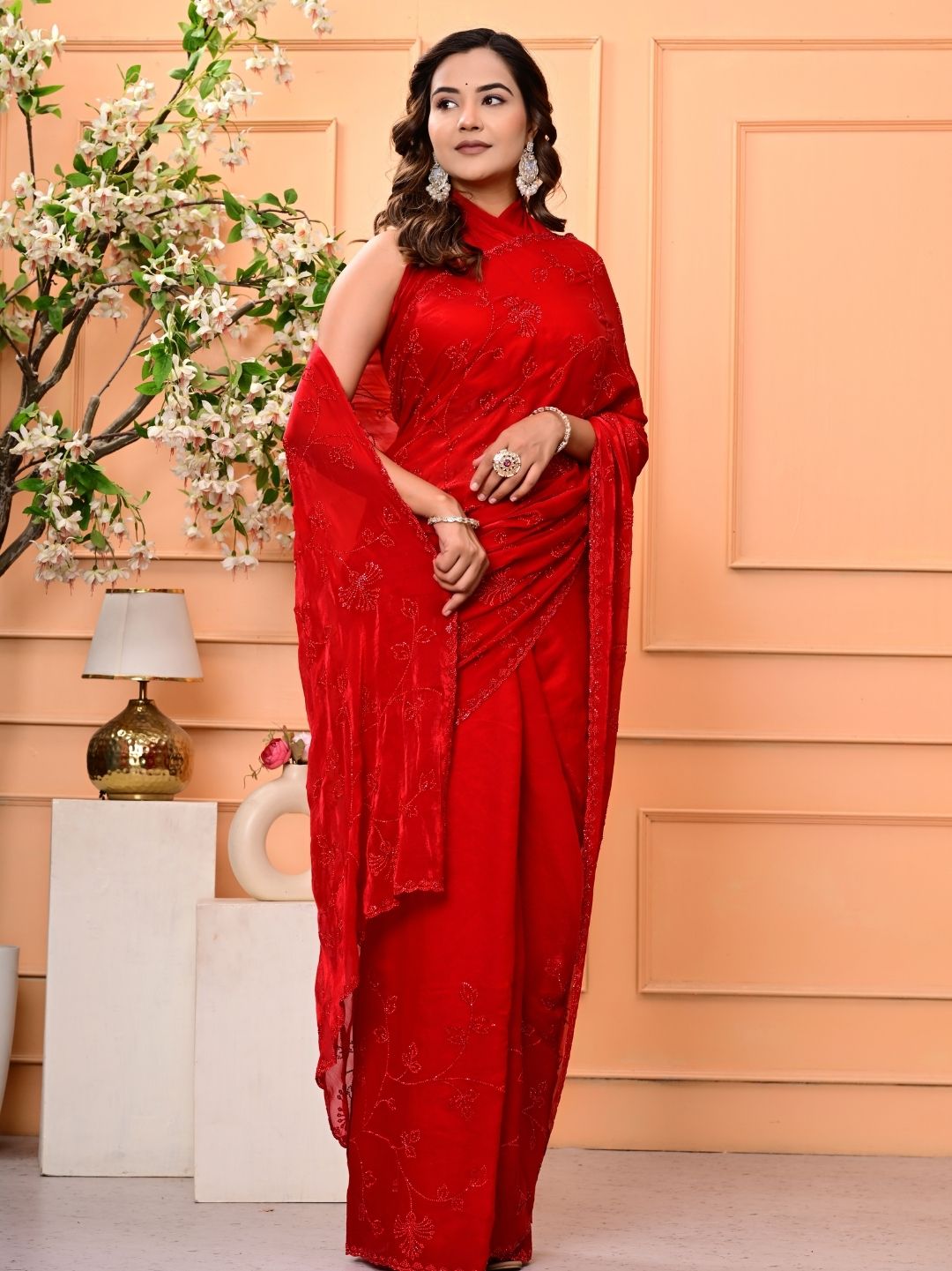 Elegant Red Georgette Saree with All-Over Siroski Jaal Work | Premium Wedding & Festive Wear