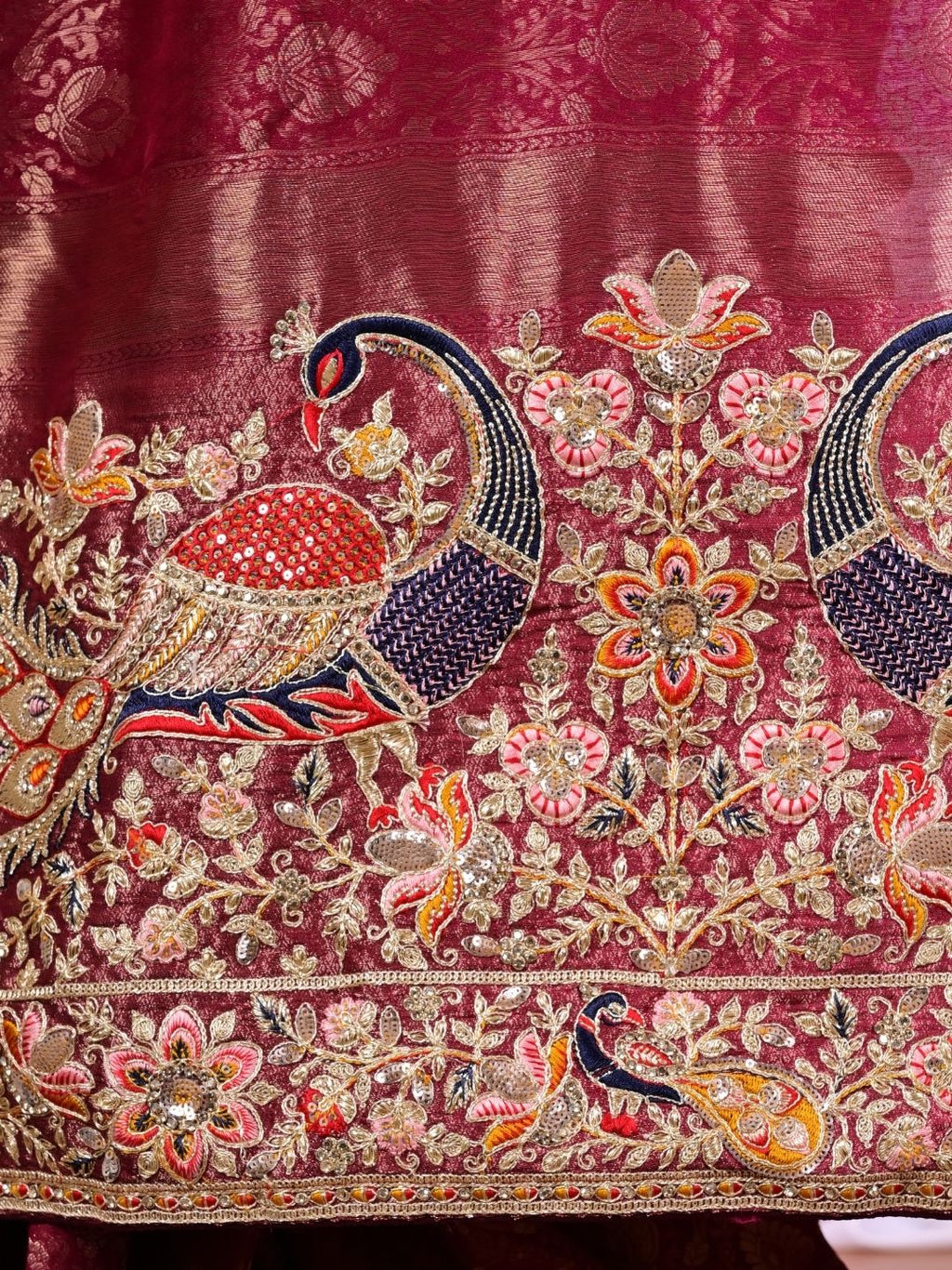 Bridal Banarasi Silk Saree with Peacock Border, Sequins & Zari Work