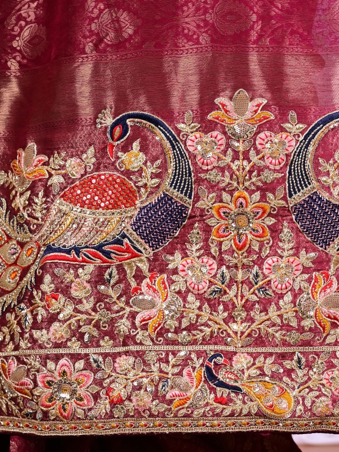 Bridal Banarasi Silk Saree with Peacock Border, Sequins & Zari Work