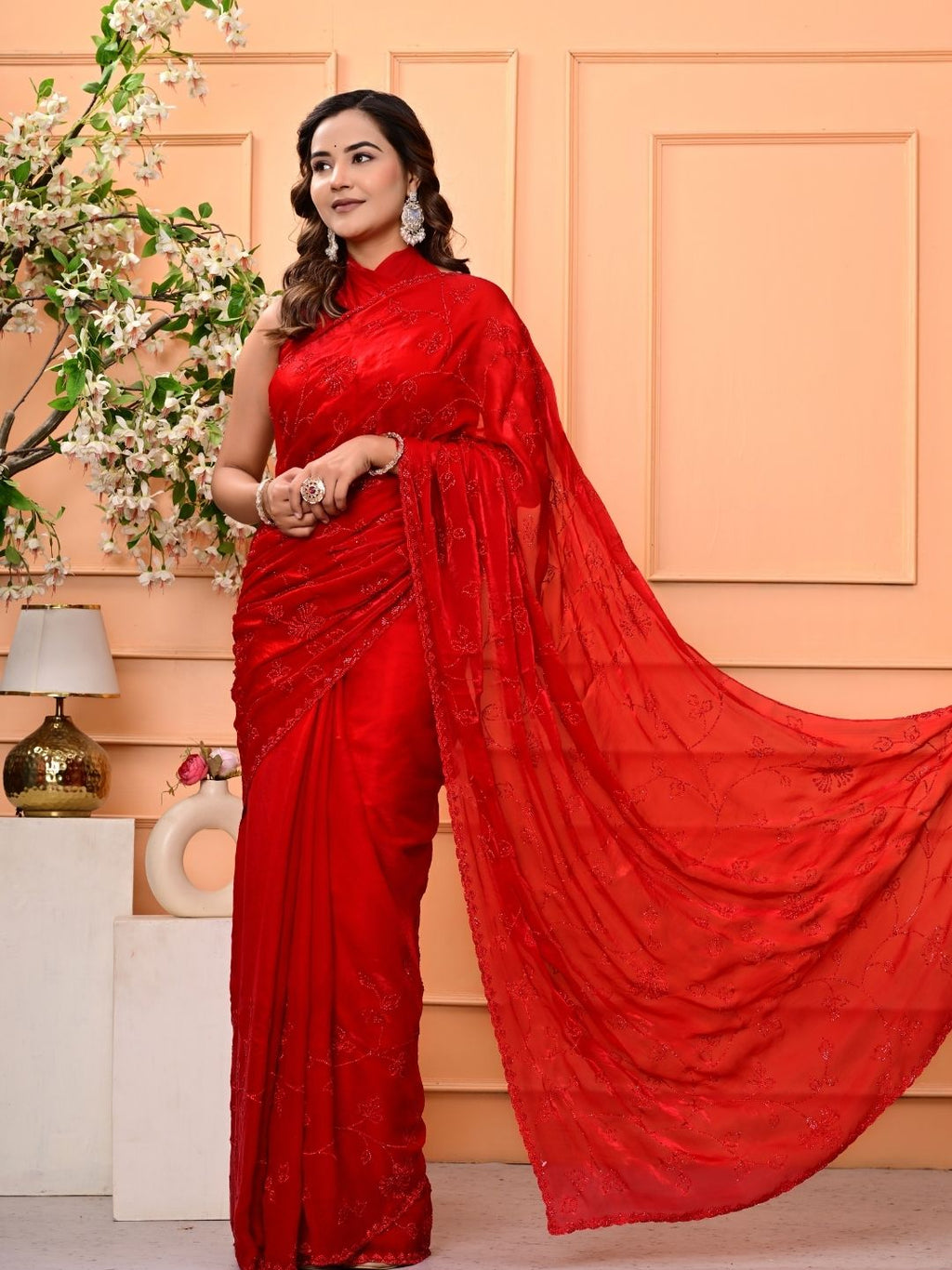 Elegant Red Georgette Saree with All-Over Siroski Jaal Work | Premium Wedding & Festive Wear