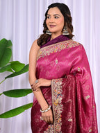 Bridal Banarasi Silk Saree with Peacock Border, Sequins & Zari Work