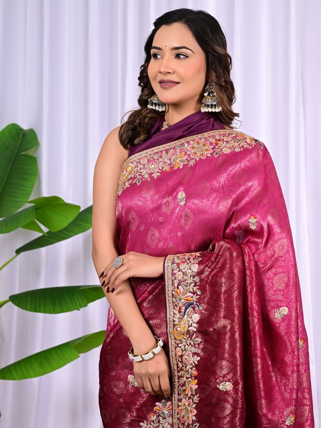 Bridal Banarasi Silk Saree with Peacock Border, Sequins & Zari Work