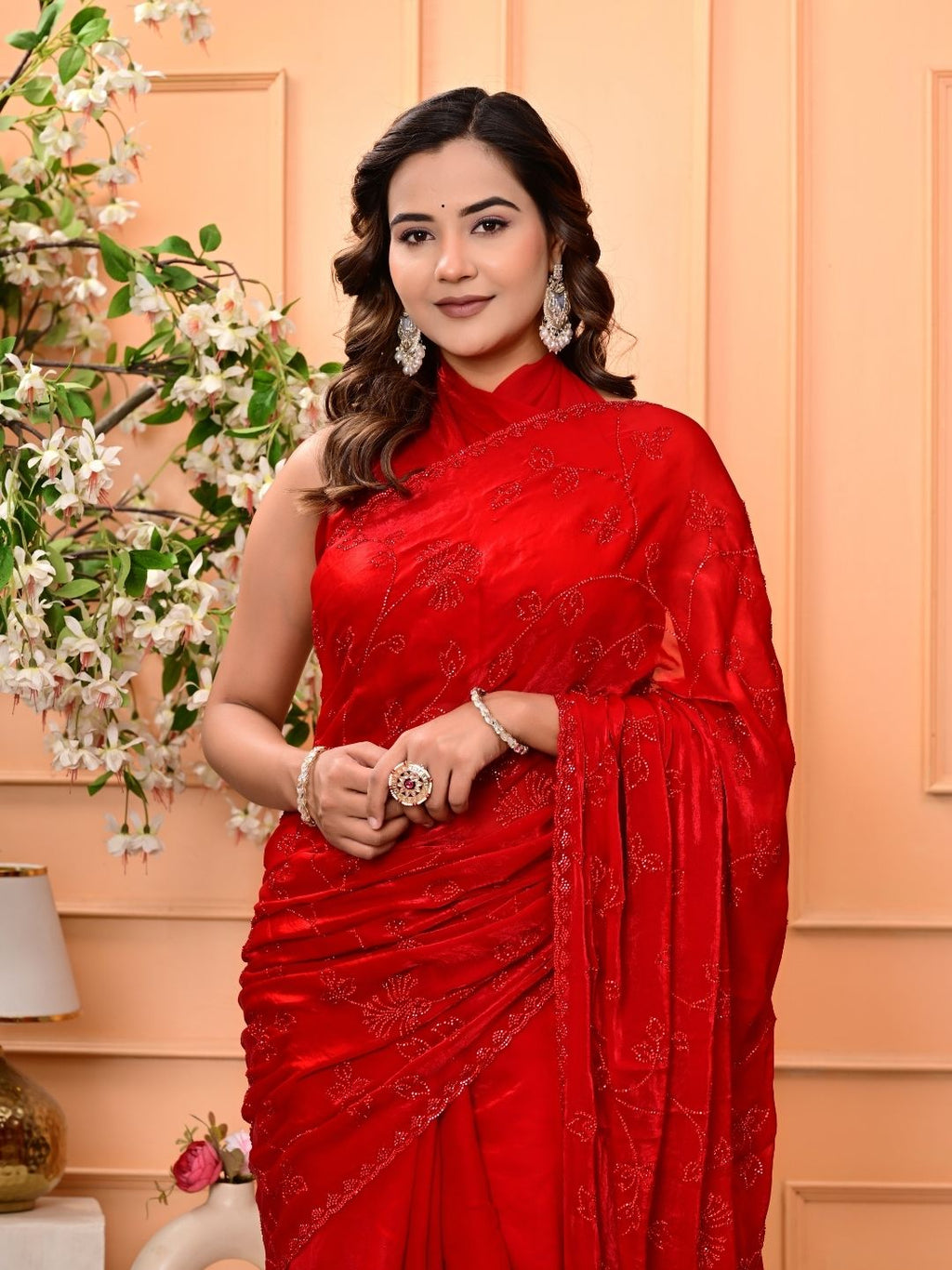 Elegant Red Georgette Saree with All-Over Siroski Jaal Work | Premium Wedding & Festive Wear