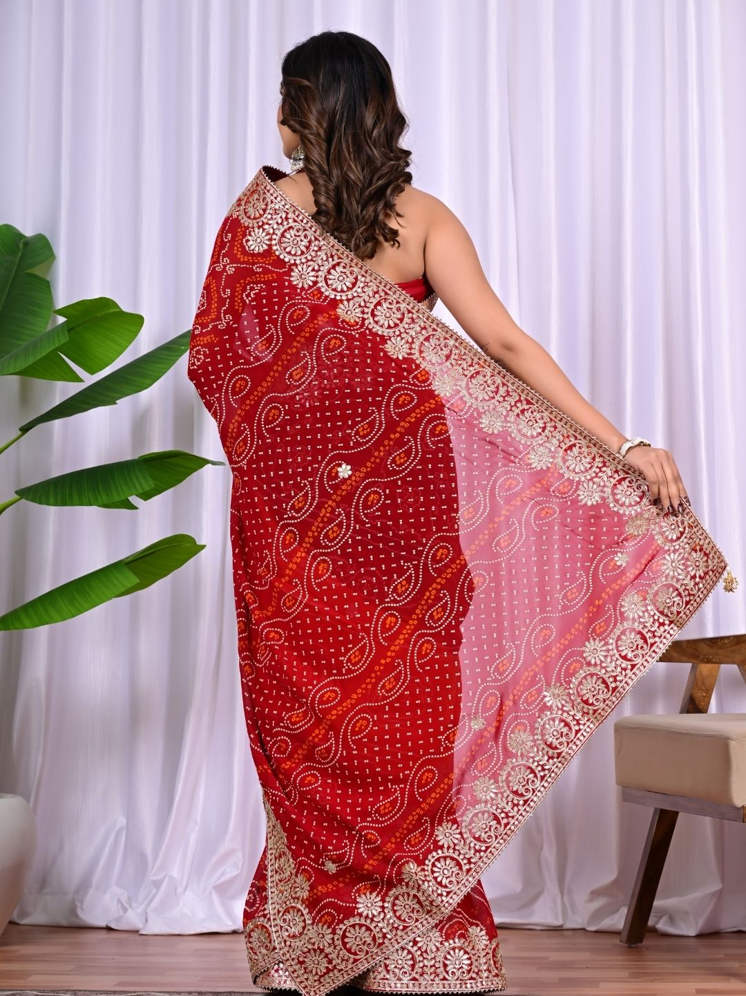 Multi-Colour Viscose Bandhej Saree with Intricate Gota Patti Work